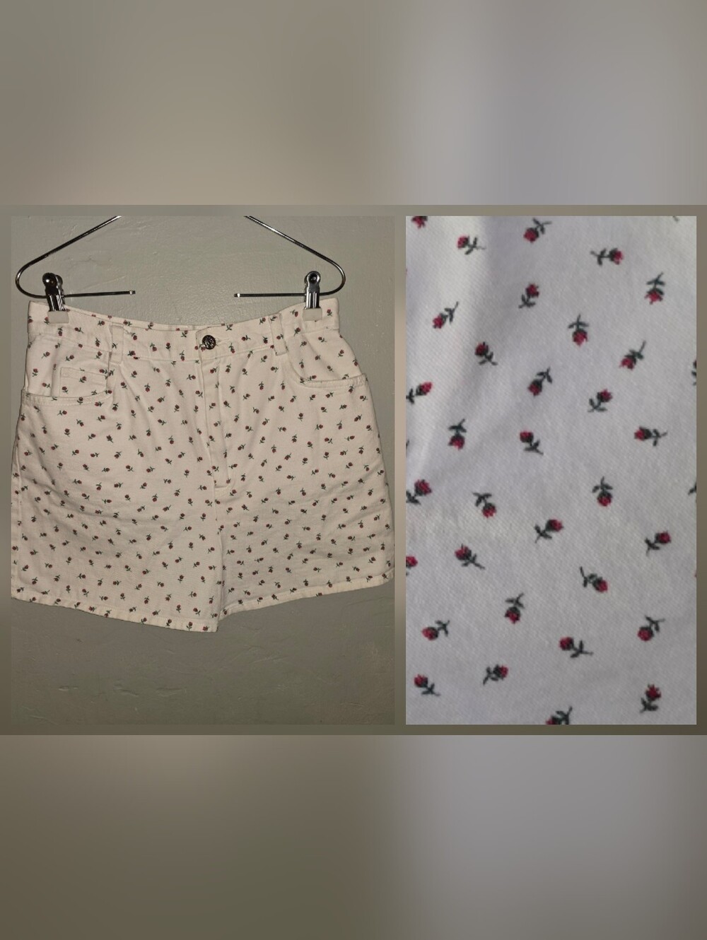 Vintage 1980s Alfred Paquette High Rise White Denim Shorts Floral Print